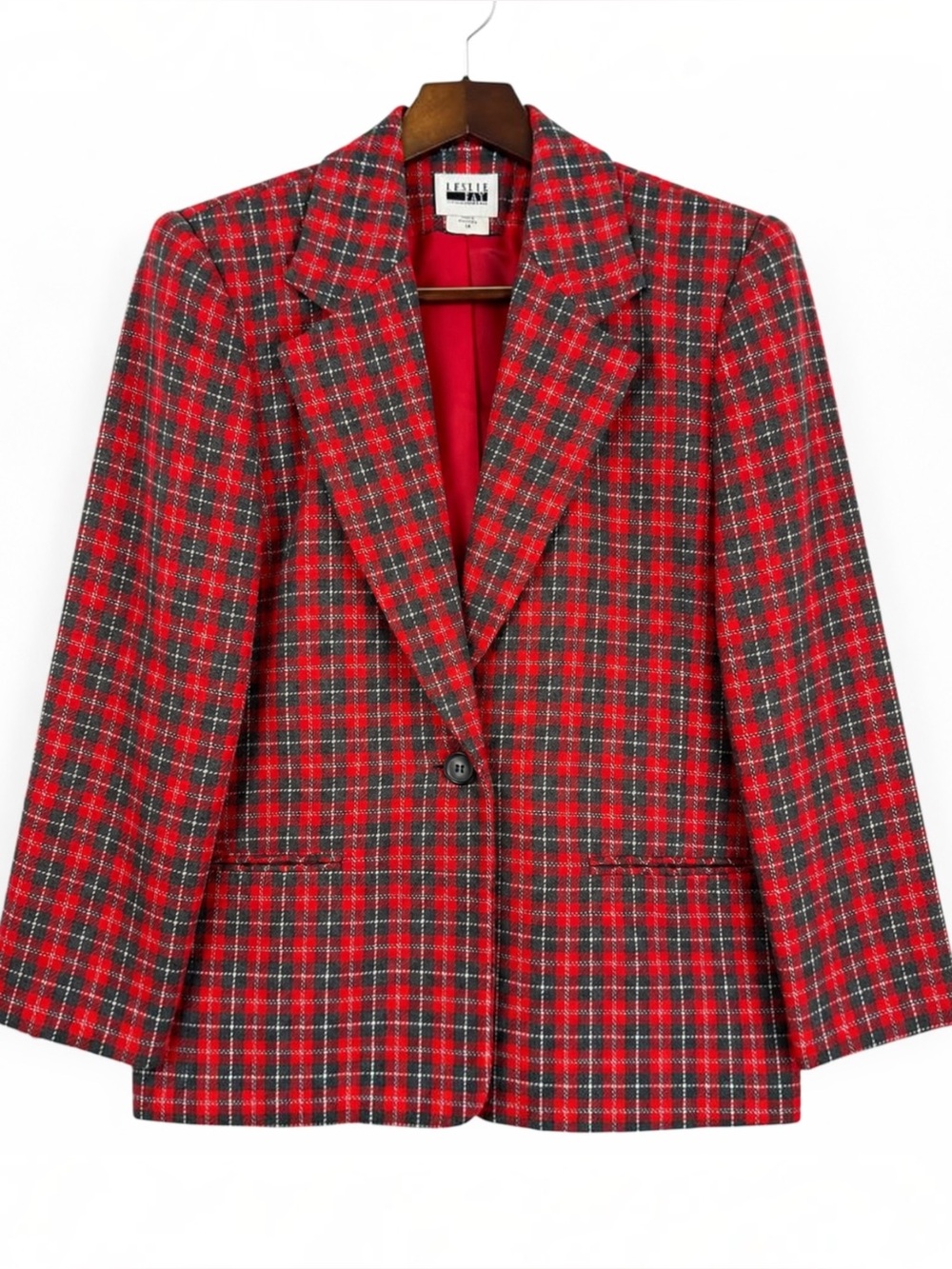 Vintage 90s Leslie Fay Red Gray Plaid Wool Blazer 14